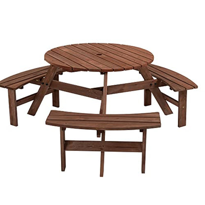 6 Person Circular Outdoor Wooden Picnic Table Sets for Patio Backyard Garden DIY w/ 3 Built-in Benches 1720lb Capacity,Brown - color: Brown-6-round