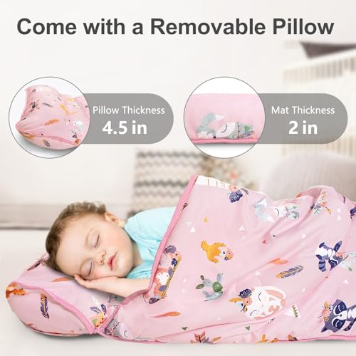 Primlect Thickened Toddler Nap Mat with Removable Pillow and Minky Blanket, Extra Large 55''x35'' Sleeping Bag, Washable, Roll up, Perfect for Daycare, Preschool, Kindergarten, Boys and Girls Pink Fox - color: Pink Fox