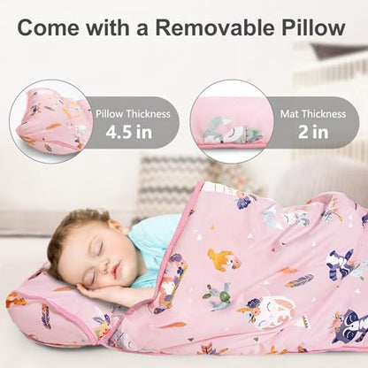 Primlect Thickened Toddler Nap Mat with Removable Pillow and Minky Blanket, Extra Large 55''x35'' Sleeping Bag, Washable, Roll up, Perfect for Daycare, Preschool, Kindergarten, Boys and Girls Pink Fox - color: Pink Fox