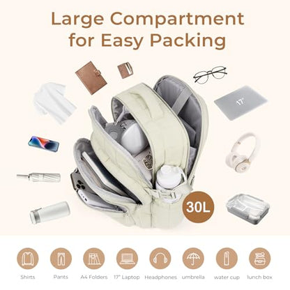 CLUCI 17.3 Inch Laptop Backpack for Women, Anti Theft Travel Backpack, Puffer Quilted Work Backpack, Water Resistant College Bookbag, Carry on backpack with RFID (Beige) - color: White