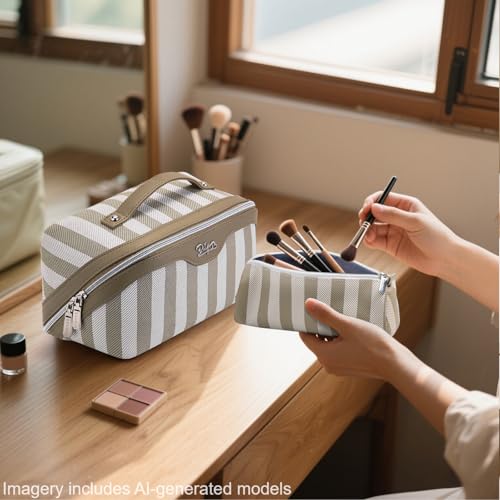 BOYATU Travel Makeup Bag Cosmetic Bag for Women: 3 Pcs Set Striped Make up Bag with Compartment - Waterproof Vegan Leather Toiletry Bag with Handle - Makeup Organizer for Travel Essential(A-6-Apricot) - color: A-6-Apricot