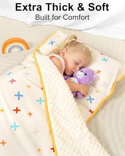 Primlect Thickened Toddler Nap Mat with Removable Pillow and Minky Blanket, Extra Large 55''x35'' Sleeping Bag, Washable, Roll up, Perfect for Daycare, Preschool, Kindergarten, Boys and Girls Beige - color: Beige