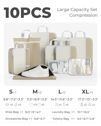 Percover Compression Packing Cubes for Travel, 10-Piece Structured Compression Organizer Set with Toiletry Bag, Laundry Bag & Shoe Bag for Carry-On & Checked Luggage, Camel - color: Camel, size: 10 Set