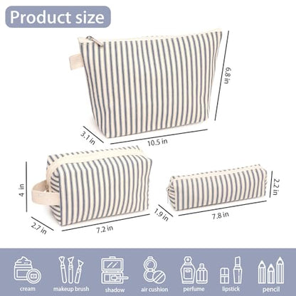 3 Pcs Canvas Makeup Bag Set Cosmetic Pouch for Women Travel Toiletry Bag Cute Makeup Organizer Purse Pouch Preppy Pencil Case with Zipper (Blue Pinstripes) - color: Blue Pinstripes