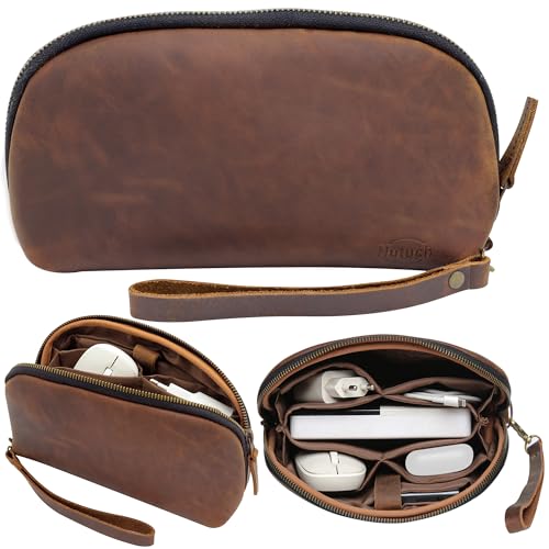 Leather Tech Pouch for Cables Chargers Phone | Tech Bag | Zipper Travel Accessory Pouch | Electronic Organizer Case Travel Bag (Large Vintage Dark Brown) - color: Large Vintage Dark Brown