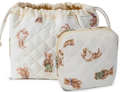 HAPPYHEIDI Quilted Cotton Drawstring Makeup Bag Set 2 Size w Compartment Cosmetic Toiletry Travel Pouch,Purse Organizer,Brown Teddy Bears - color: KJM-Quilted Cotton Pouch with Compartment Set of 2- Cute Teddy Bears