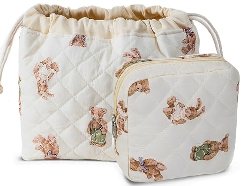 HAPPYHEIDI Quilted Cotton Drawstring Makeup Bag Set 2 Size w Compartment Cosmetic Toiletry Travel Pouch,Purse Organizer,Brown Teddy Bears - color: KJM-Quilted Cotton Pouch with Compartment Set of 2- Cute Teddy Bears