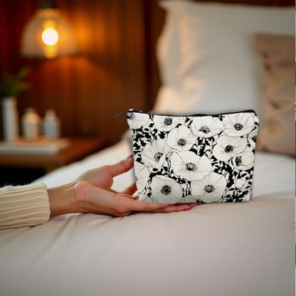 Black and White Poppy Floral Makeup Cosmetic Bag for Women, Modern Botanical Flower Aesthetic Portable Travel Toiletry Bag Zipper Makeup Pouch - color: Flower three