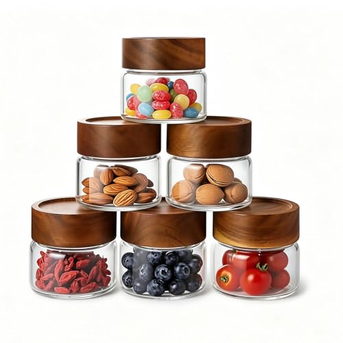6-Pack 4 fl oz Stackable Airtight Glass Jars (with Acacia Wood Lids + Sticker Labels) – Small Mason Jars designed for overnight oats, spices, dry goods, and kitchen organization. - color: D-lucency, size: 4 fl oz