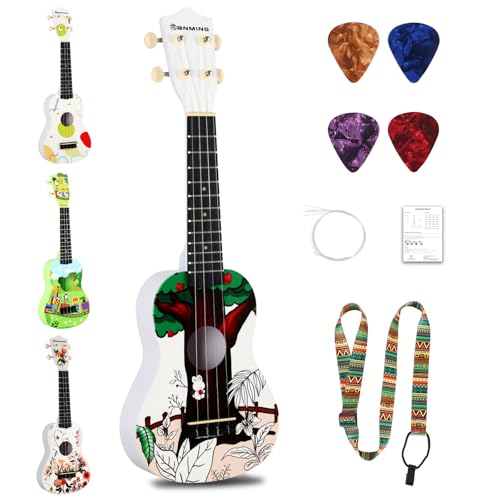 RANMING Ukulele 21 inch ukelele 4-String Ukulele Starter Kit with Strap, Picks,Carbon Strings Portable Plastic uku for Music Education Outdoor Travel Holiday Gifts Pink - color: Pink