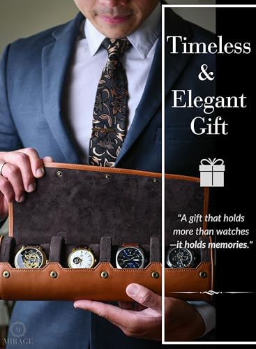 4 Watch Travel Case for Men Leather Watch Roll Case Storage for Travel - Brown Full Grain Cow Leather - color: Cow Real Leather/4-watch case