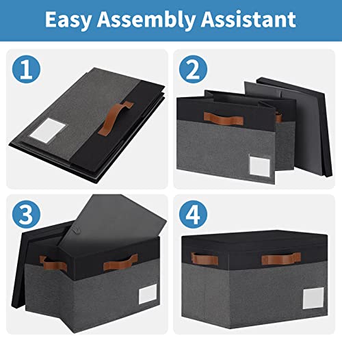 GhvyenntteS Fabric Storage Bins with Lids 3 Pack, Closet Storage Boxes with Lid and 3 Handles, Foldable Storage Baskets with Lids and Label Window for Home Office (Grey&Black, 15" x 11" x 9.7") - color: Grey with Black, size: Large-3 Pack