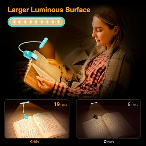 Gritin Rechargeable Book Light for Reading in Bed with 19 LED &Memory Function-Eye Caring 3 Color Temperatures,5 Brightness Levels,90 Hrs Runtime Flexible Goose Neck Clip on Light-Blue - color: Blue