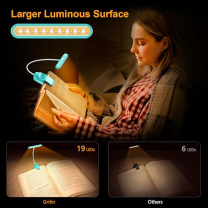 Gritin Rechargeable Book Light for Reading in Bed with 19 LED &Memory Function-Eye Caring 3 Color Temperatures,5 Brightness Levels,90 Hrs Runtime Flexible Goose Neck Clip on Light-Blue - color: Blue