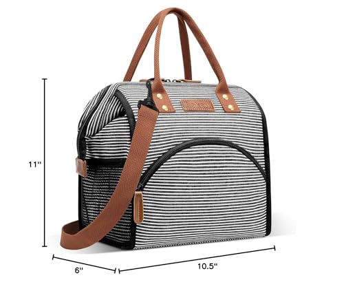 LOKASS Lunch Bag Insulated Lunch Box Wide-Open Lunch Tote Bag with Removable Shoulder Strap for Women/Men Adults Work Picnic Hiking Beach Fishing(Stripes) - color: Black&White Stripes-Straps