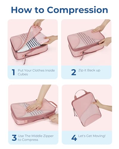 BAGSMART Compression Packing Cubes - 6 Set Travel Packing Cubes for Suitcases, Compression Suitcase Organizers with Shoe Bag - color: 01-Baby Pink
