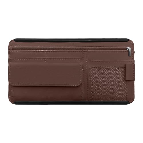 Car Sun Visor Storage Bag, Soft Leather Surface Organizer, Scratch-Resistant Auto Sunshade Organizer Bag, Can Store ID Card, Eyeglasses, Pen, Driving License etc (Brown) - color: Brown