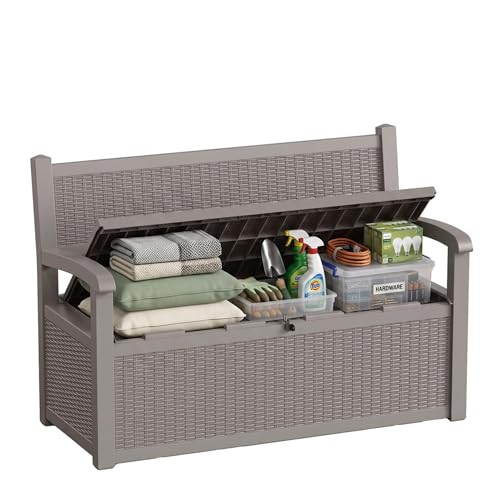 80 Gallon Storage Bench Deck Box Resin Patio Furniture with Armrest, Waterproof and UV Resistant Lockable for Patio Furniture, Garden Decor and Outdoor Seating for Cushions, Garden Tools,Grey - color: Grey, size: 80gallon