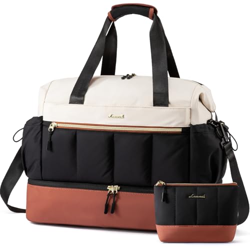 LOVEVOOK Travel Duffel Bag, Weekender Bags for Women, Large Overnight Bags with Shoe Compartment, 38L Carry on Gym Hospital Bag with Wet Pocket, 2 Pcs - color: Beige-Black-Brown, size: Large-2 Pcs