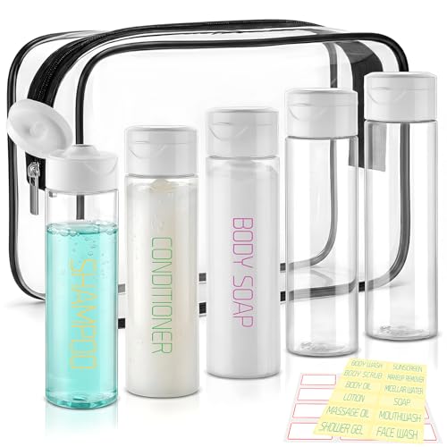 Cosywell Travel Bottles for Toiletries 5 Pack 3.4oz Pre-Printed Travel Size Containers TSA Approved Toiletry Bottles Wide Mouth Leak Proof Squeeze Bottle for Lotion Toothpaste(Clear) - style: B-3.4oz-Clear-3label2blank