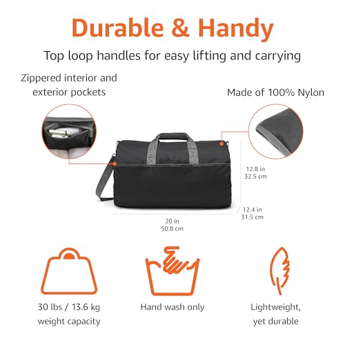 Amazon Essentials Lightweight 20-inch Duffel Bag for Travel with 30 lb Weight Capacity, Zippered Pockets, Collapsible Design, Black - color: Black, size: 20 inches