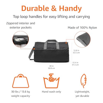 Amazon Essentials Lightweight 20-inch Duffel Bag for Travel with 30 lb Weight Capacity, Zippered Pockets, Collapsible Design, Black - color: Black, size: 20 inches