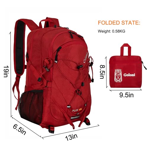 Goloni 45L Hiking Backpack Lightweight Foldable, Waterproof Camping Backpack with Rain Cover & Hiking Pole Mat Carrying System, Ergonomic Water Resistant Daypack for Trekking Travel Men Women Red - color: Red