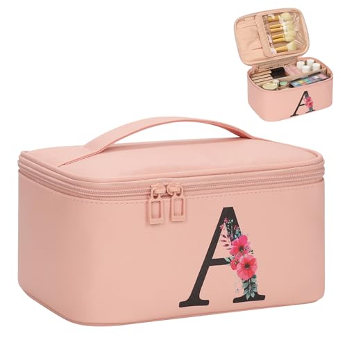 OCHEAL Initial Makeup Bag,Monogram Make up Bag Pink Travel Makeup Organizer Case Beauty Toiletry Cosmetic Bag with Brush Holder, Trendy Stuff Personalized Gifts for Women and Girls-A - color: Pink, style: A