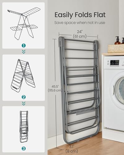 SONGMICS Clothes Drying Rack, Foldable 2-Level Laundry Drying Rack, Free-Standing Laundry Airer, with Height-Adjustable Wings, 33 Drying Rails, Sock Clips, Gray ULLR053G02V1 - color: Gray, size: 2 Tiers（22"d x 61.8"w x 64.3''h )