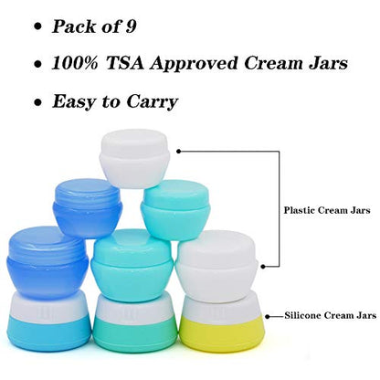 Cosywell Travel Containers Sets Silicone & PP Cream Jars for Toiletries Empty Lotion Leak-proof & TSA Approved Bottles Accessories with Hard Sealed Lids for Cosmetic Makeup Face Cream (9 Jars) - style: A-9 Jars Plastic-6 & Silicone-3