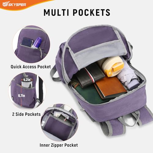 SKYSPER Anti Theft Hiking Backpack, 18L RFID Packable Travel Daypack, Lightweight Foldable Back Pack for Walking Daytrip - color: Purple