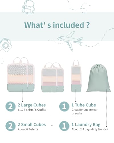 Narwey 6 Set Compression Packing Cubes for Travel Women Men, Travel Cubes for Carry On Suitcase, Durable Compression Luggage Organizer Bags - color: Mint Green