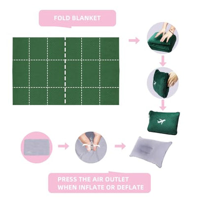 3 in 1 Travel Blanket Pillow Set - 350 GSM Thick Travel Blanket Airplane Compact with Bag, Soft Bag with a Pocket, Inflatable Travel Pillow for Camping & Car Trip (Dark Green) - color: Dark Green