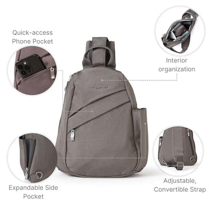 Baggallini Medium Sling Backpack - 9"x11" Lightweight Sling Bag with Convertible Adjustable Shoulder Strap - color: Sterling Shimmer