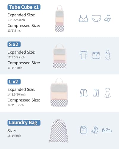 Narwey 6 Set Compression Packing Cubes for Travel Women Men, Travel Cubes for Carry On Suitcase, Durable Compression Luggage Organizer Bags - color: Z-Grayish Blue Checkerboard