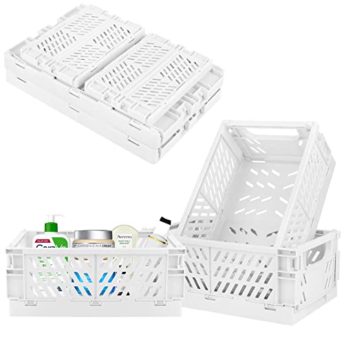 Plastic Storage Baskets for Desk Organizing, Office Drawer Organizer, 2 Medium+2 Small Durable Folding Storage Crate for Home Kitchen Classroom Office Bedroom and Bathroom Storage (White) - color: White