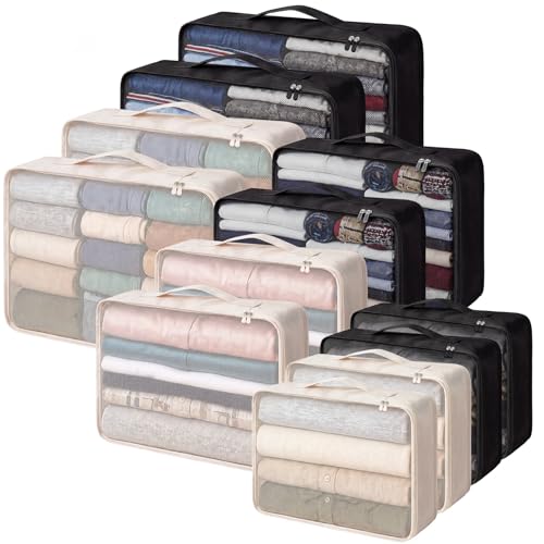 Silkfly 12 Pcs Packing Cubes for Suitcase Travel Luggage Bags Bulk Mesh Organizer Set for Hiking Camping, XL, L, M Size(Beige, Black) - color: Beige, Black, size: XL, L, M