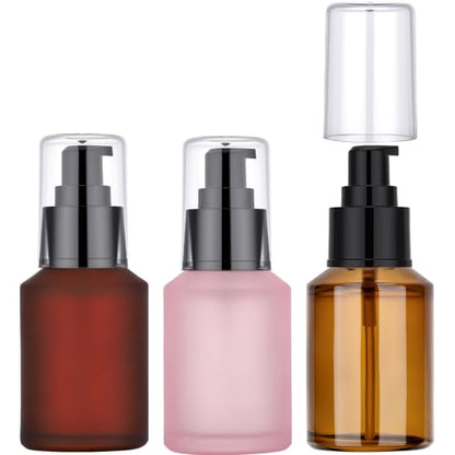 Segbeauty 2oz Frosted Glass Travel Pump Bottles for Toiletries, 3pcs Refillable Cosmetic Pump Dispensers Empty, 60ml Travel Cream Oil Foundation Bottles, Liquids Serum Containers in Mixed Color - color: Amber Pink Red, style: 3pcs 2oz