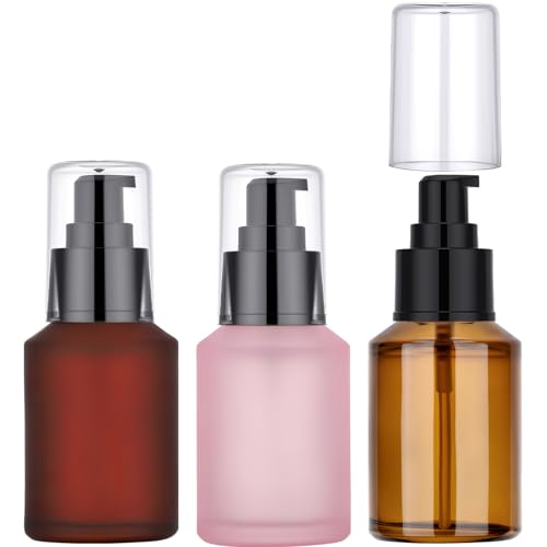 Segbeauty 2oz Frosted Glass Travel Pump Bottles for Toiletries, 3pcs Refillable Cosmetic Pump Dispensers Empty, 60ml Travel Cream Oil Foundation Bottles, Liquids Serum Containers in Mixed Color - color: Amber Pink Red, style: 3pcs 2oz