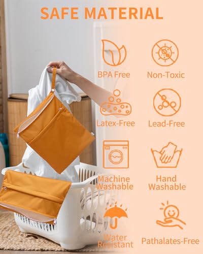 babygoal Wet Dry Bags 3 Pack for Baby Cloth Diapers, Washable Travel Bags, Beach, Pool, Gym Bag for Swimsuits & Wet Clothes with Two Zippered Pockets 3LN29 - color: Ginger yellow & yellow brown