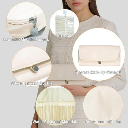 Folding Makeup Brush Bag,Travel Toiletry Bag with Separate Brush Compartment for Brushes & Skincare, Toothbrush Holder,Rollup & Open Flat cosmetic Organizer,Portable Waterproof &Hanging (white) - color: Cream white