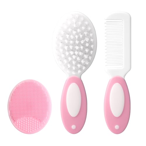 Baby Grooming Set，Baby Health Care Set Baby Brush Soft Bristles 3 Piece Baby Care Set Baby Hair Brush and Comb Set Baby Hair Brush Baby Comb Silicone Baby Cradle Cap Brush Set - color: 3pcs Pink