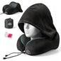 SkytraxComf® Travel Neck Pillow with Hood for Privacy on Long Flights | Memory Foam | Airplane Sleep | Safety-Tested Materials | Extra Large Hood | Chin Support | Earplugs | Washable Cover - color: Black