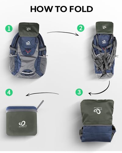 WATERFLY Lightweight Packable Hiking Backpack: 30L Foldable Travel Daypack Ultralight Camping Day Pack for Woman Man - color: Blue