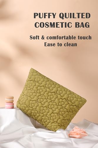Puffy Quilted Makeup Bag for Women, Cosmetic Bag, Travel Toiletry Organizer Pouch Clutch (Green Flowers) - color: Green Flowers