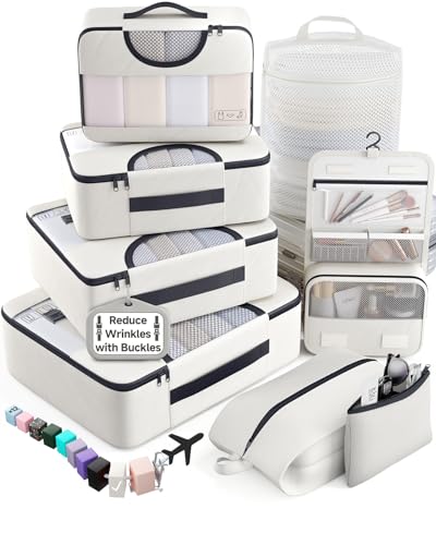 Veken 8 Set Packing Cubes for Travel Essentials,Anti-Wrinkle Buckled Suitcase Organizer for Shoe & Toiletry Bag,Carry On Luggage Bag for Airplane & College Dorm Room Accessories,Women Men Gifts - color: 19 White