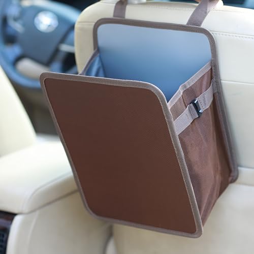 Ginsco 3 Gallons Open-Top Car Trash Can, Large Capacity Hanging Car Trash Bag with Water-Proof PEVA Liner, Stand Car Trash Bag Foldable Car Storage Bag for Cars SUV Truck (Brown) - color: Brown, size: 3 Gallons
