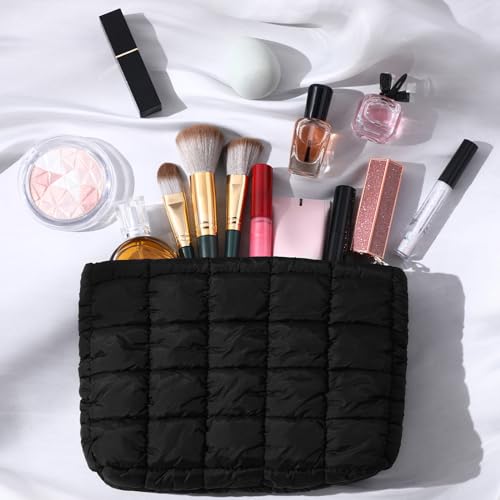Hillban 1 Pcs Black Puffy Quilted Makeup Bag Quilted Cosmetic Bag Cute Puffer Toiletry Checkered Pouch Aesthetic Travel Makeup Brushes Organizer (Classic) - color: Black, size: Classic