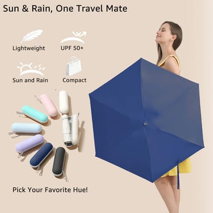 BAODINI Travel Essentials Mini Umbrella for Purse With Case Small Compact UV Sun Protection Lightweight Tiny Pocket Manual Open Close Umbrella for Women Kids and Men Fits Purse Backpack - color: F-1-Navy Blue