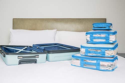 Clear Packing Cubes set of 4 / Packs 7-10 Days of Clothes/Premium PVC Plastic Storage Bags - color: Turquoise Blue